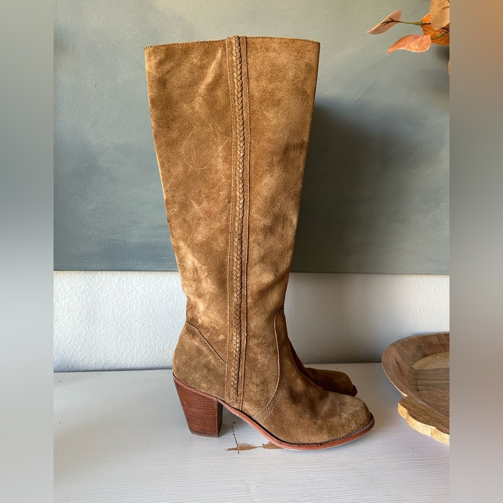 Michael core brown suede leather heeled below the knee boots. Size 7.5